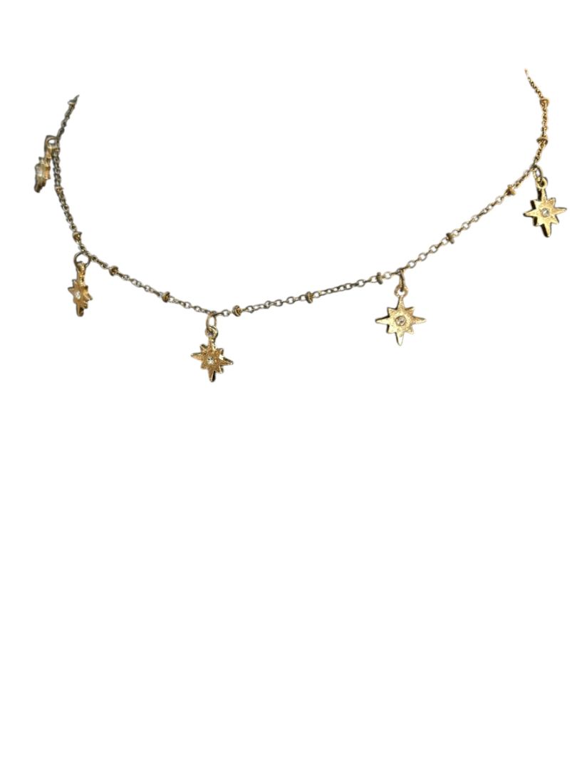 Delicate Goldtone Necklace 14" Chain Star Charms