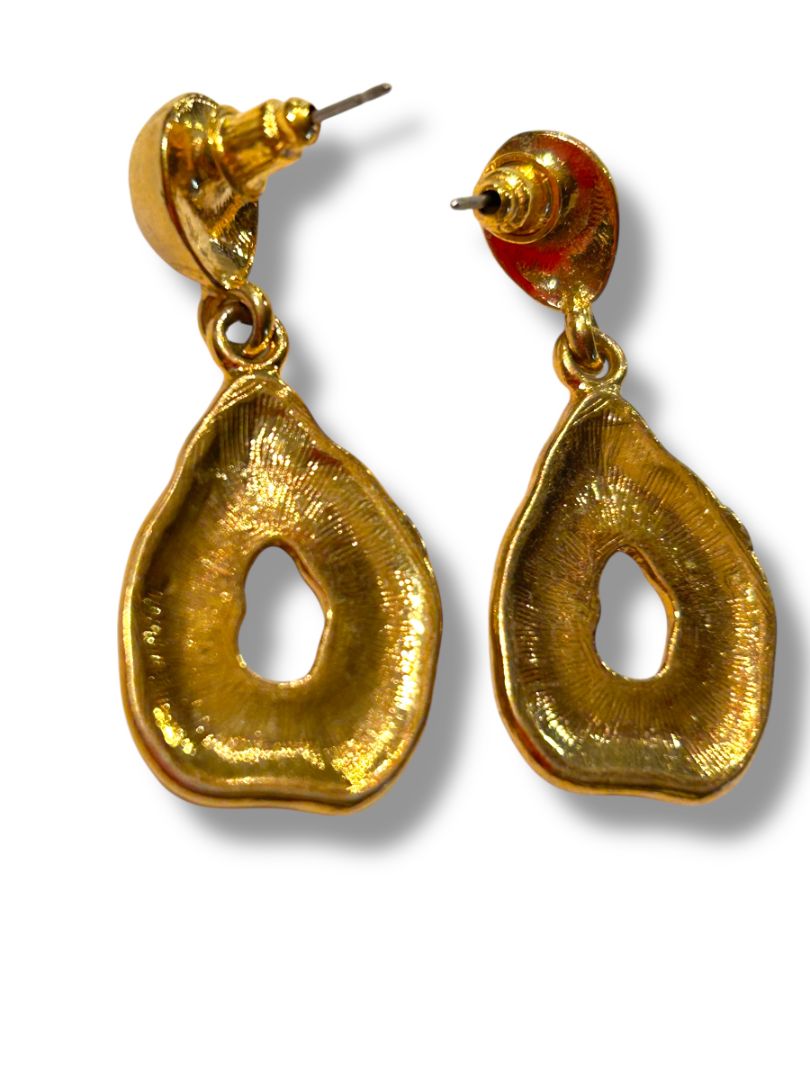 Goldtone Green Enamel Post Pierced Earrings 1.5" Drop Dangle