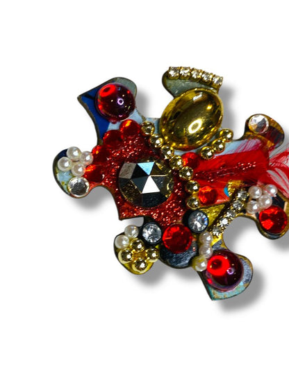 Signed Handcrafted Puzzle Piece Brooch Pin Red Goldtone 2"
