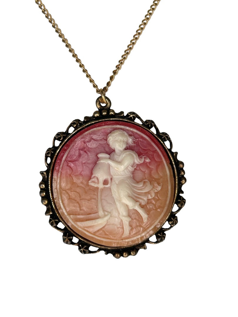 Cameo Pendant Necklace Beach Theme Girl Sand Rowboat 18" Goldtone Chain