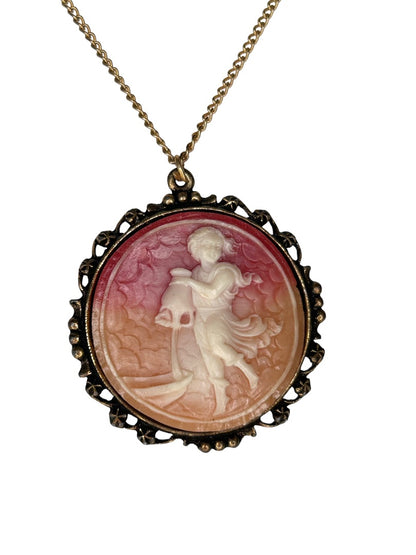 Cameo Pendant Necklace Beach Theme Girl Sand Rowboat 18" Goldtone Chain