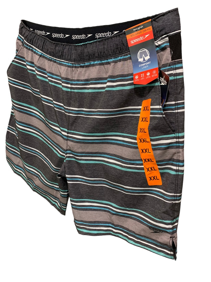 XXL (38/40) Speedo Men's New Gray Striped Swim Trunks Tech Volley Shorts