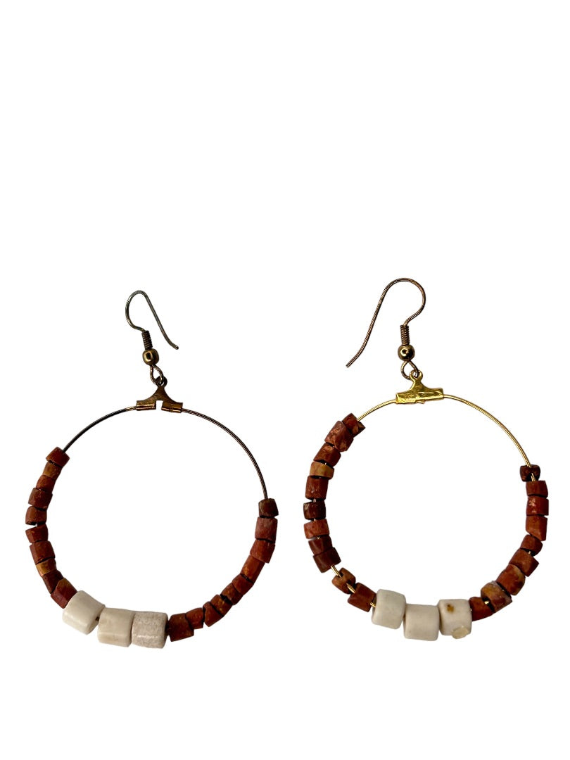 Goldtone Beaded Hoop Earrings Boho Pierced Hook 2.5" Drop Dangle