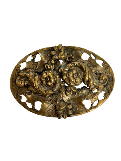 Statment Antique Brass Floral Repousse Brooch Large Oval Art Nouveau Swags Flowers