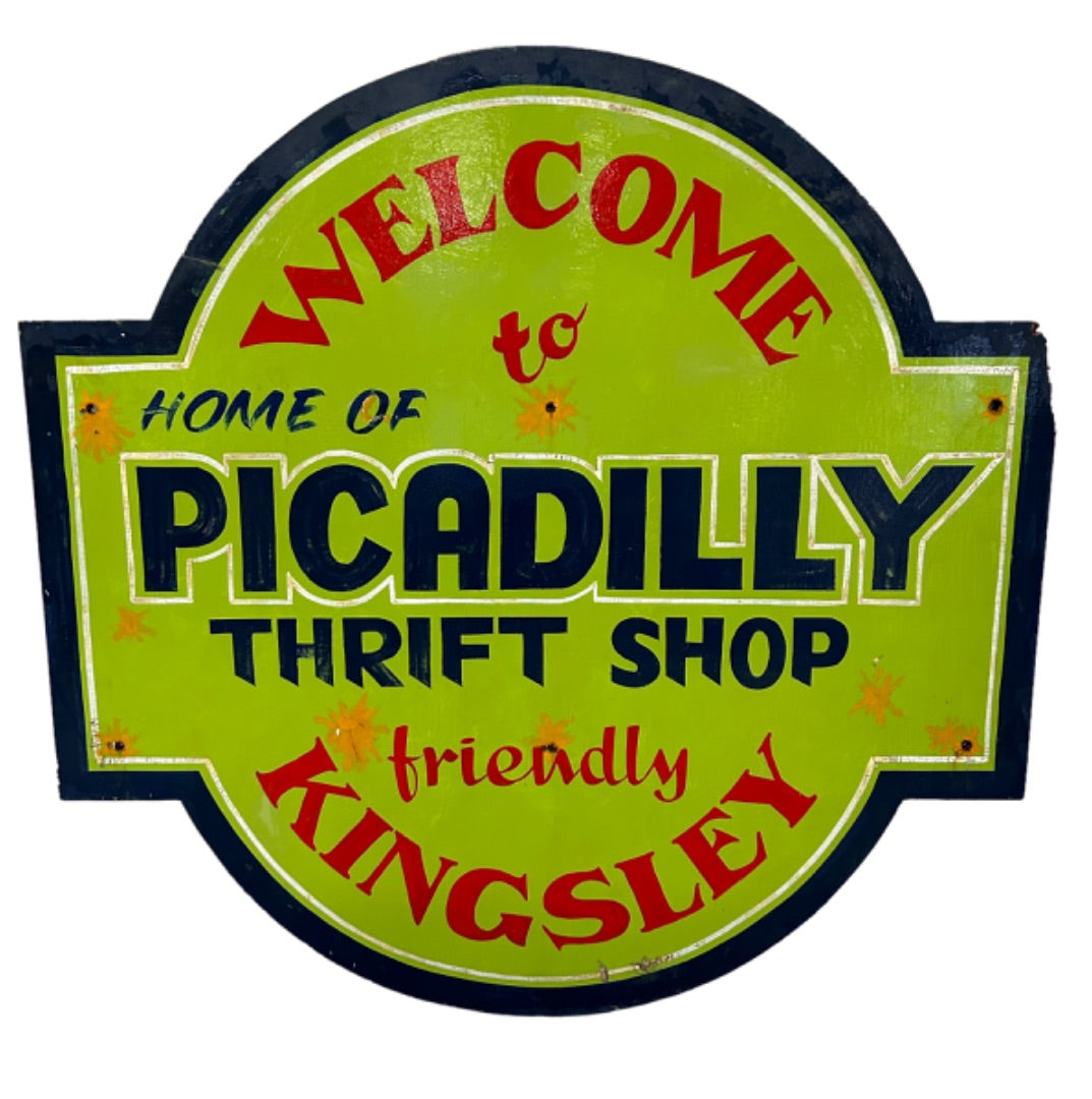 Vintage Wooden Sign Painted "Picadilly Thrift Shop" Kingsley PA 48" x 47.5"h