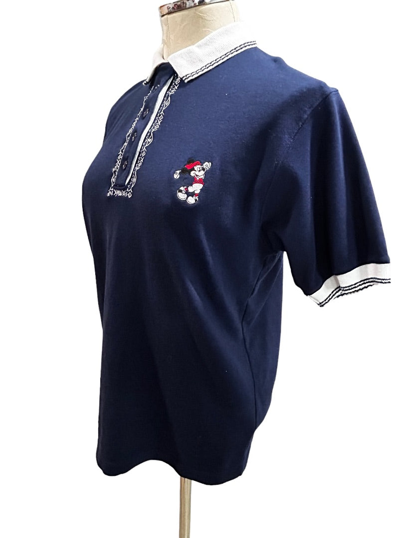 Medium Lady Divots 1990s Vintage Mickey Mouse Navy Blue Women's Golf Shirt