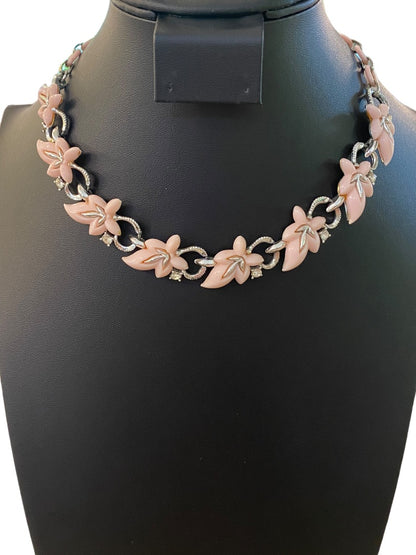 Vintage 13-15" Necklace Hook Closure Pink Plastic Leaf Silvertone