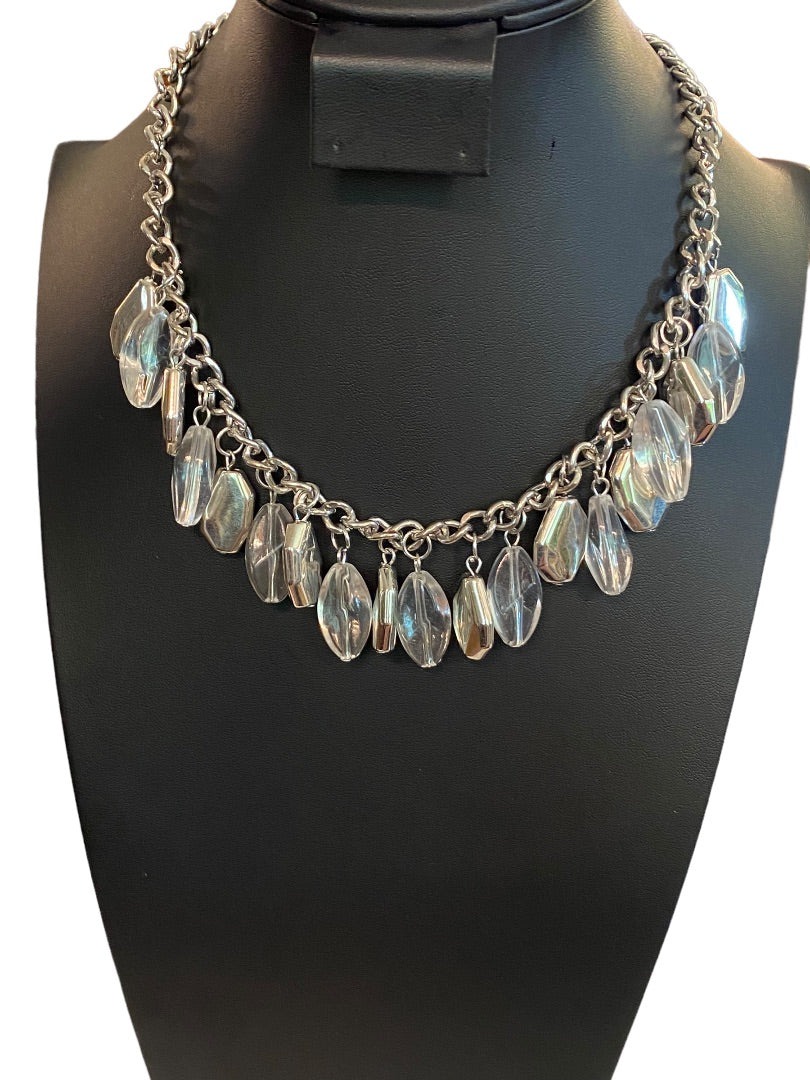 Silvertone 17" Statement Necklace Clear Charm Beads Lobster Clasp