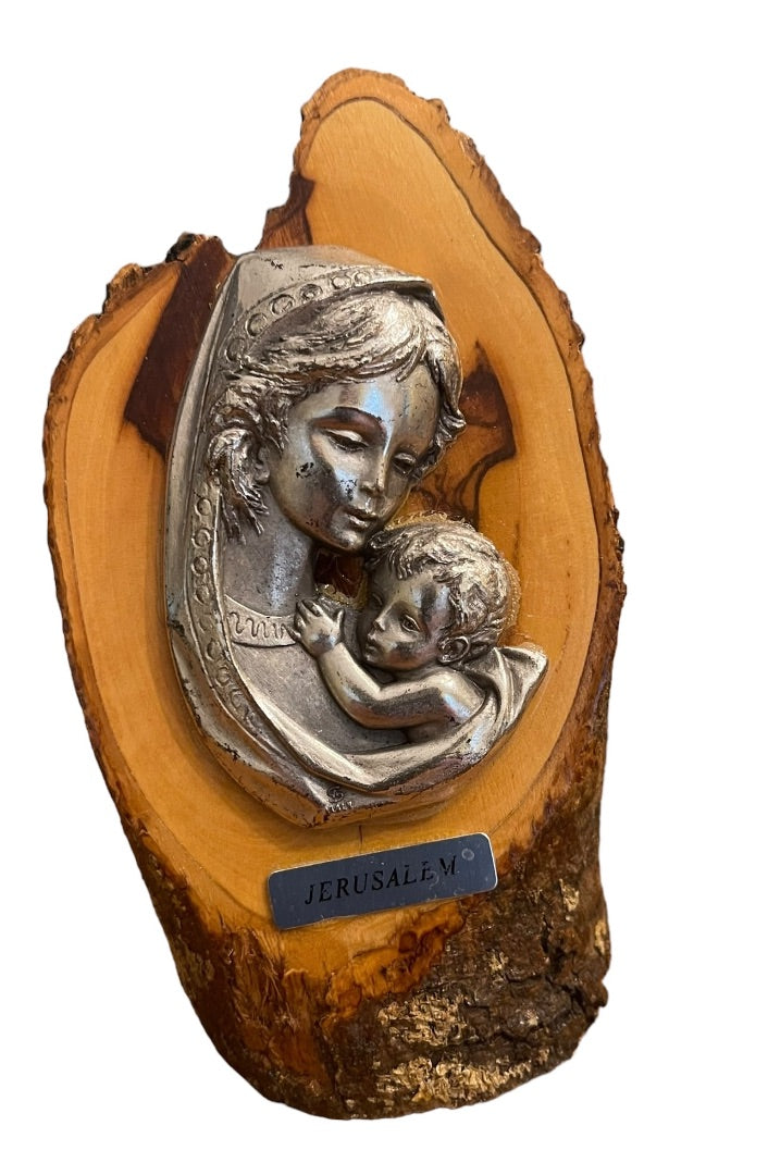 Jerusalem Metal Madonna Child on Wood Block Israel Christian 5"h