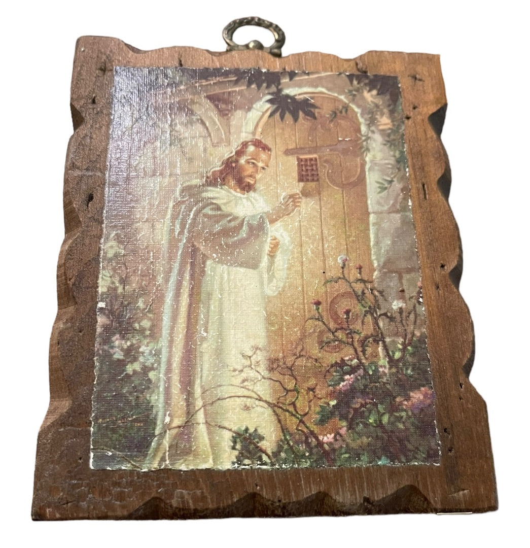 Religious Wooden Wall Plaque Jesus Knocking Distressed Vintage 1970s 5.25" x 4.25" Christian