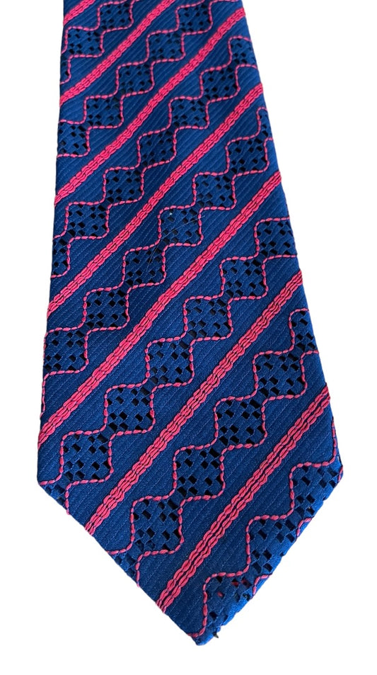 Vintage 1970s Mens Necktie Tie Navy Blue Red Texturized  100% Polyester 55" Length