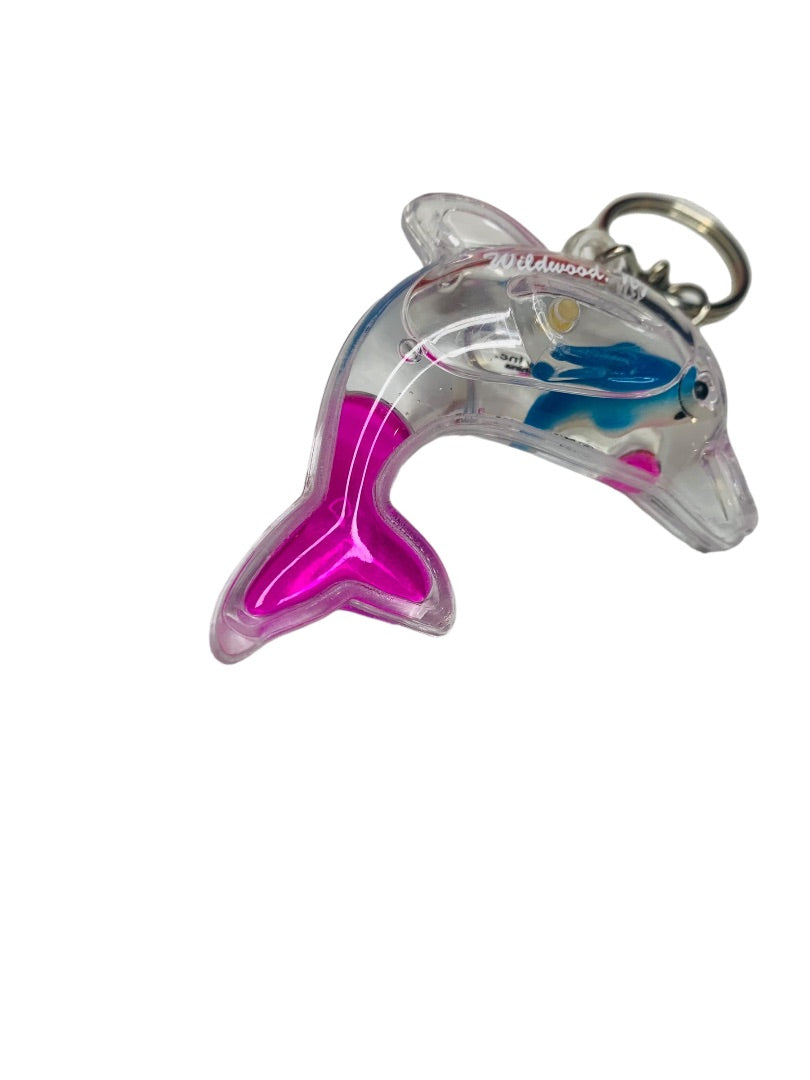 Wildwood New Jersey NJ Water Filled Clear Dolphin Souvenir Keychain Key Ring 2.5"