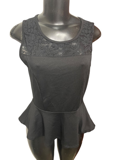 Large Ambiance Apparel Junior Womens Peplum Sleeveless Lace Yoke Top