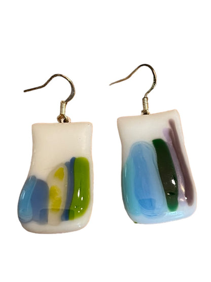 Color Fused Glass Fishhook Earrings Blue Green 1.25" Drop Dangle