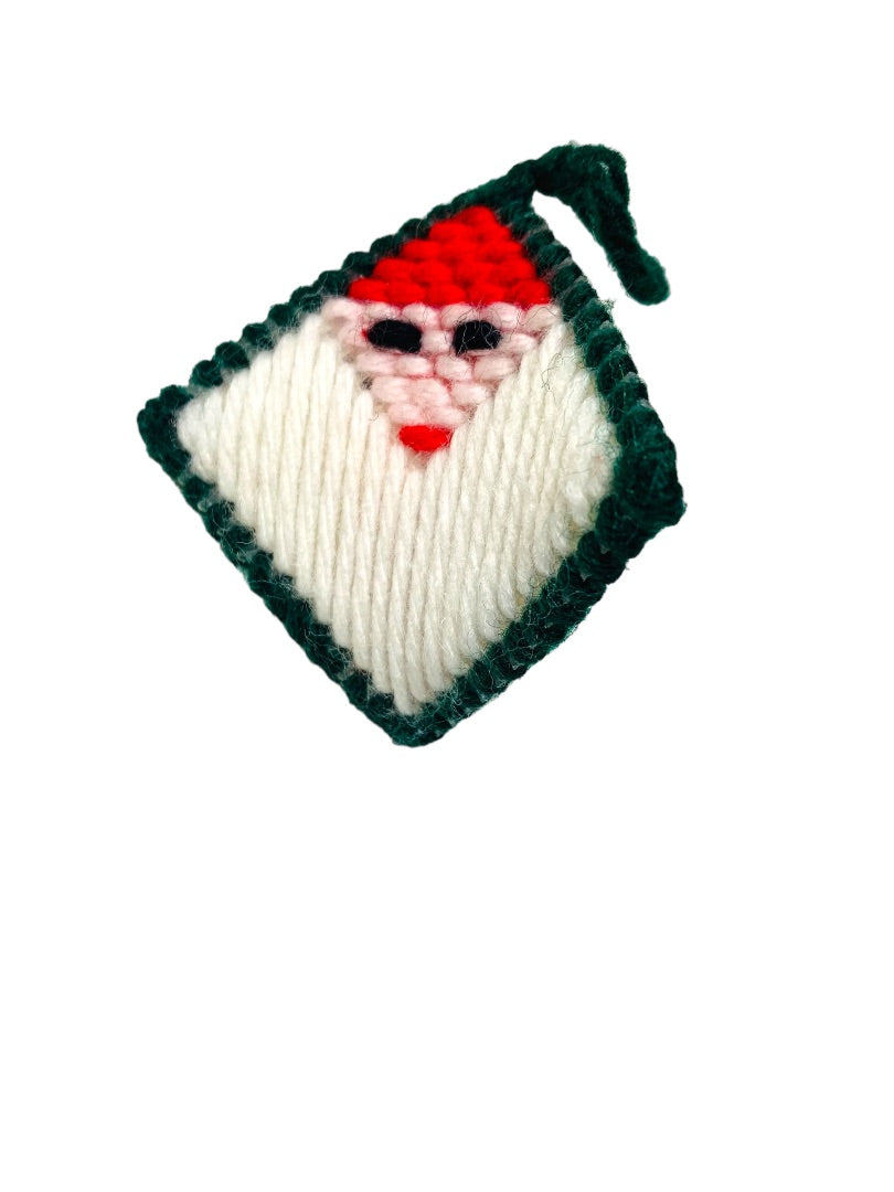 Holiday Ornament Christmas Santa Cross Stitch Ornament Diamond Shape 1980s Handmade