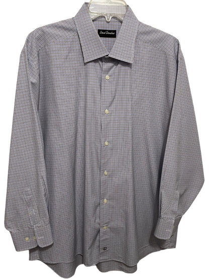 17.5 (32/33) David Donahue Mens Button Up White Blue Brown Dress Shirt