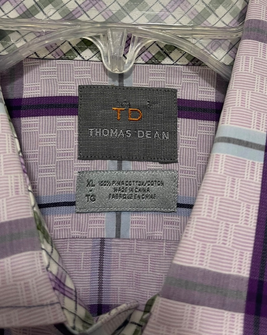 XL Thomas Dean 100% Pima Cotton Mens Plaid Dress Shirt Purple Long Sleeve