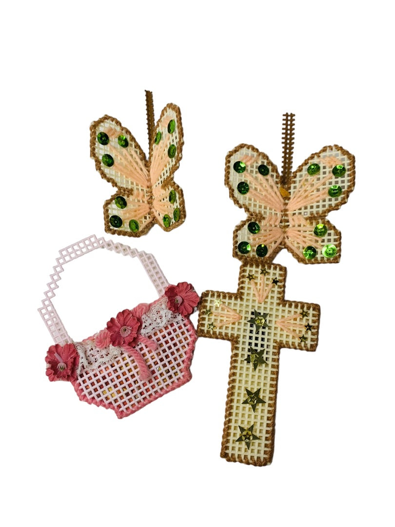 Handmade Vintage 1980s Plastic Cross Stitch Magnets Butterfly Cross Basket Sequin