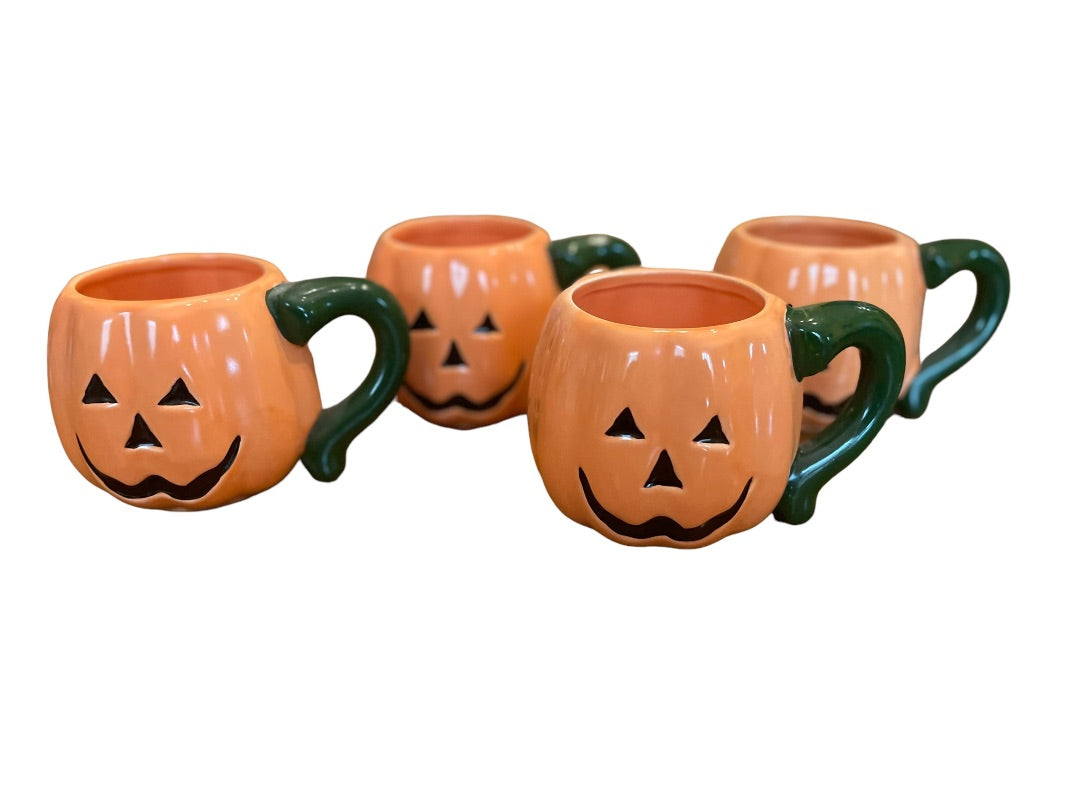 Set of 4 Halloween Ceramic Jack O Lantern Pumpkin Mugs Orange