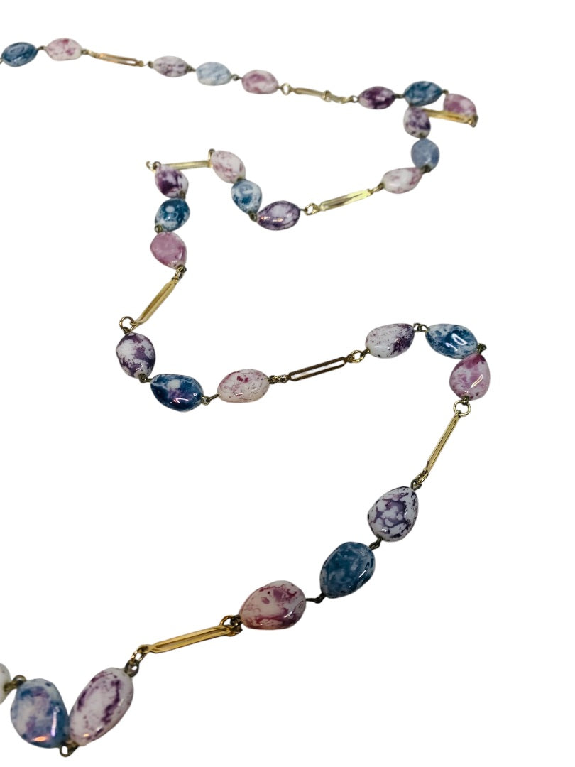 Goldtone Stone Polished Stone Blue Purple Overhead Strand String 47"