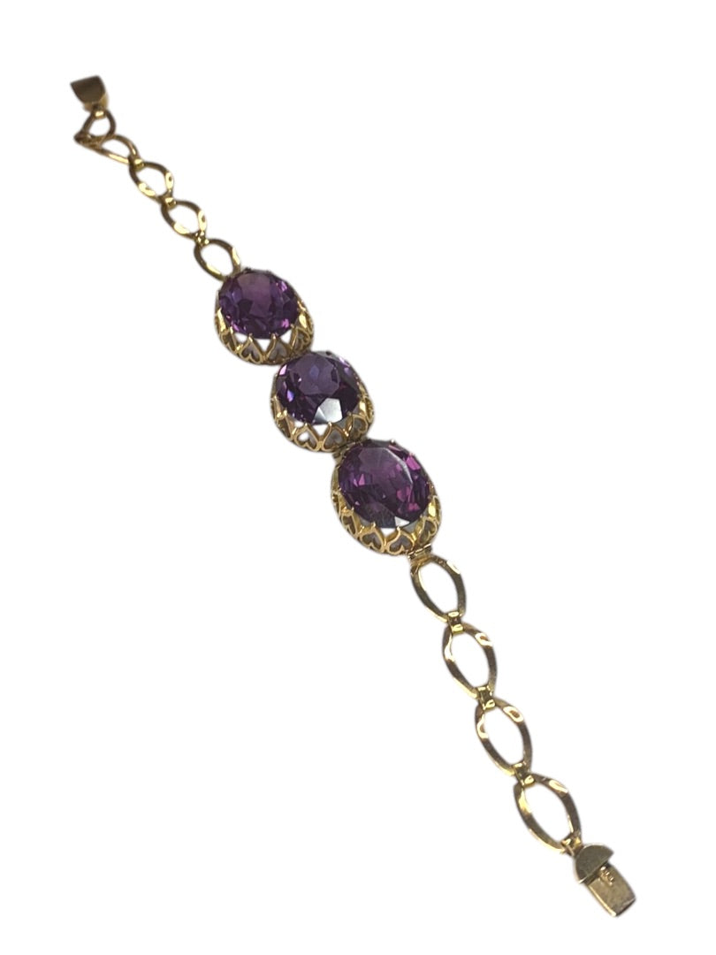 14k Yellow Gold Synthetic Amethyst Bracelet Vintage Jewelry Heart Filigree Setting 7.5"