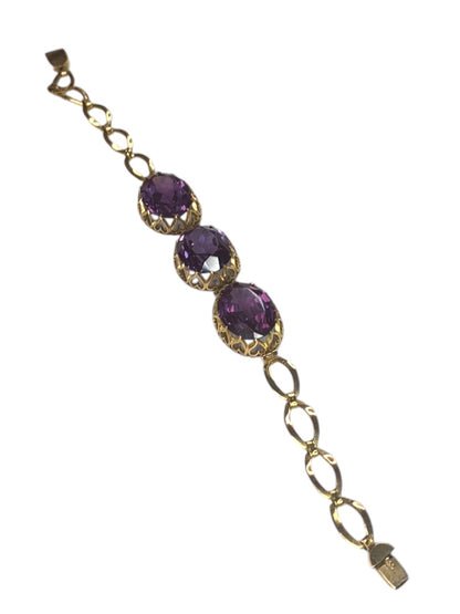 14k Yellow Gold Synthetic Amethyst Bracelet Vintage Jewelry Heart Filigree Setting 7.5"