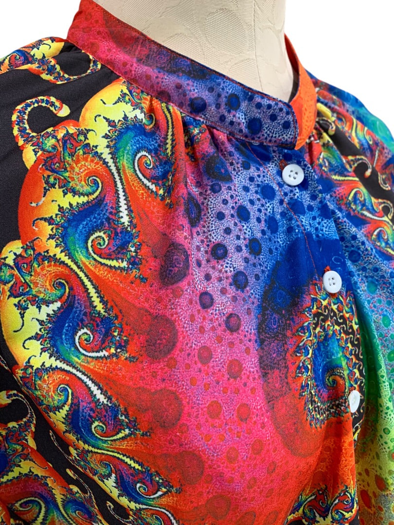 XXL Womens Bright Retro Print Button Up Blouse Unbranded Banded Sleeve