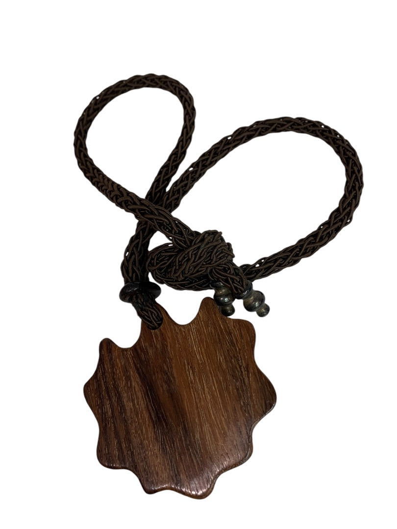 Vintage Wooden Medallion Tie Closure Necklace Statement Medallion Faux Wood
