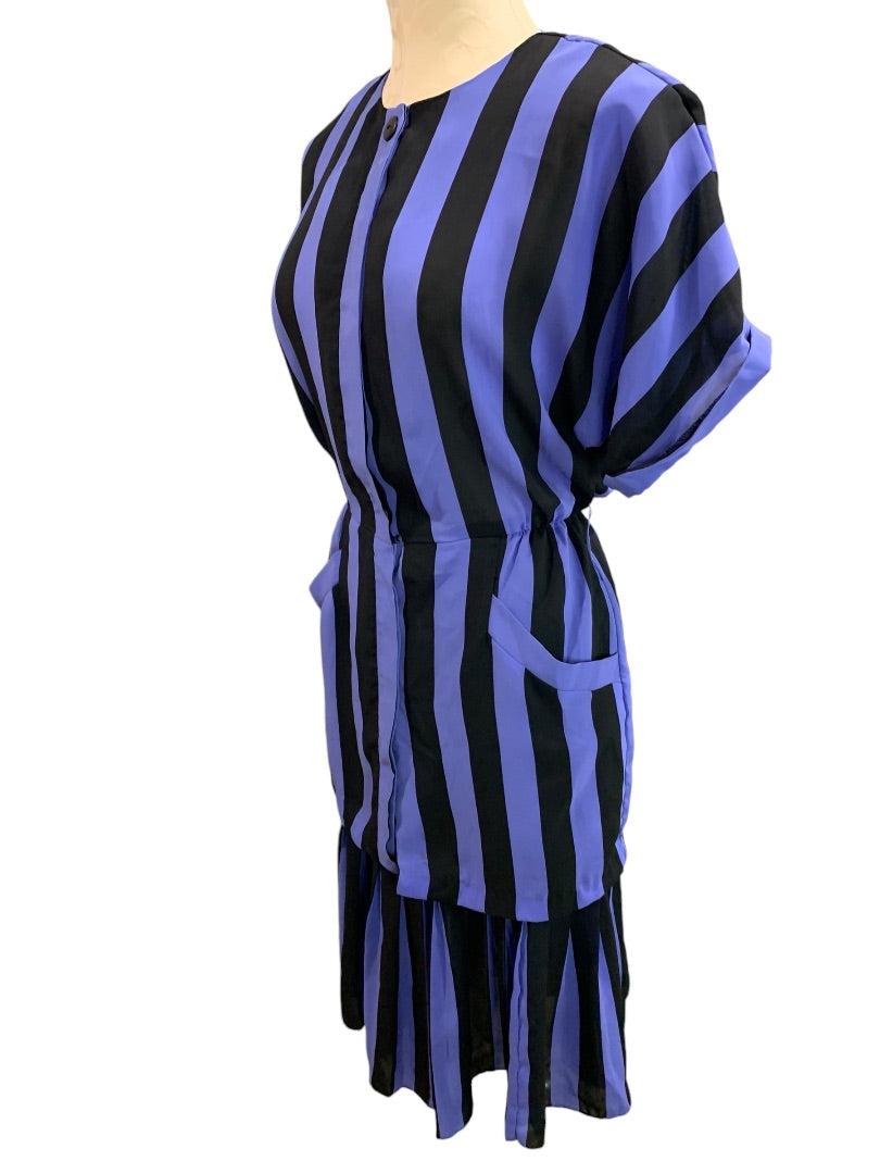 Size 6 Blake Elizabeth Purple Black Stripe Vintage 1980s Dress Pockets Pleated Hem