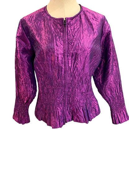 Medium Womens Purple Crinkle Satin Stretch Full Zip Jacket Y2K