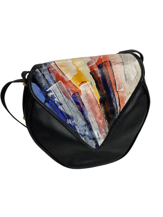 Brushstrokes Painted Flap Black Leather Bag Shoulderbag Purse 1990s