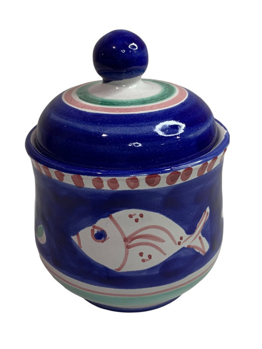 La Musa Vintage Italy Ceramic Fish Blue Lidded Sugar Jar 5 Inch