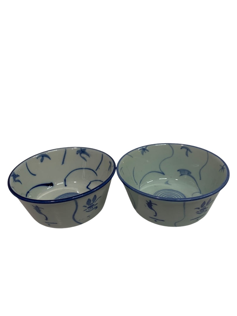 Chinese 2 Rice Bowls and 5 Spoon Set Blue White