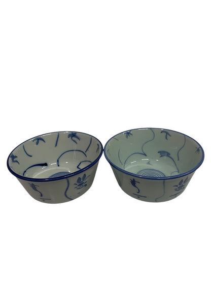 Chinese 2 Rice Bowls and 5 Spoon Set Blue White