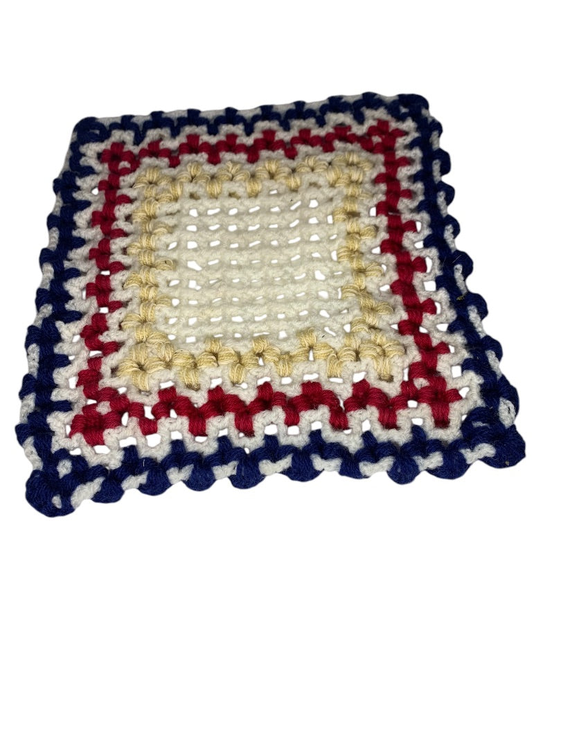 Vintage 1970s Handmade Crocheted Doily Red White Blue 9.5x10.5 Inches