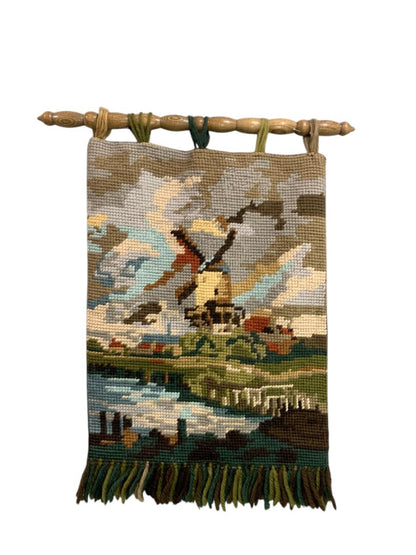 1970s Needlepoint Tapestry Wall Art Hanging Windmill Landscape 24x15 Inch