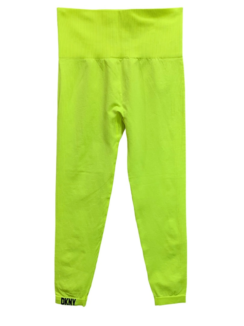 One Size DKNY Womens Ribbed Tights Leggings Crop Neon Yellow