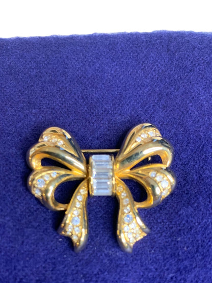 Goldtone Embellished Bow Brooch Pin 1.6 Inch