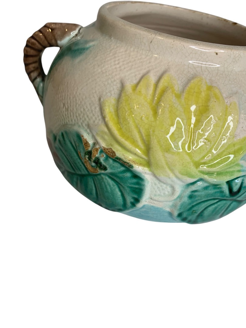 English Majolica Pond Lily and Rope Antique Jar