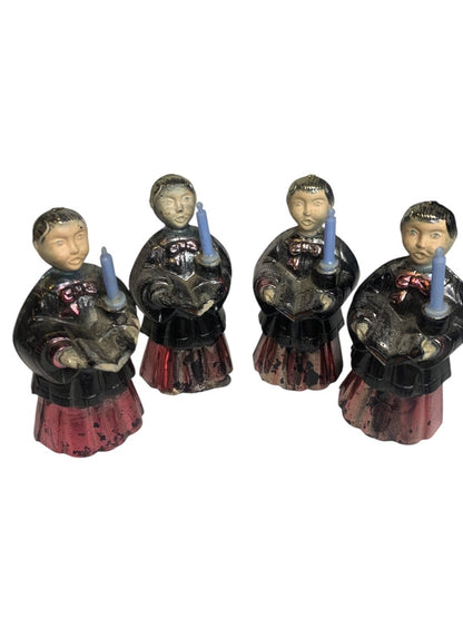 Set of 4 Choir Boy Celluloid Midcentury Metallic Holiday Decor Holding Candle 3 Inch