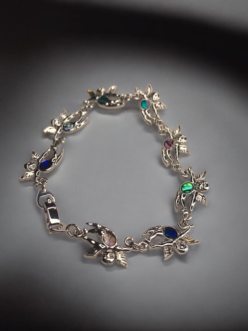 Silvertone Angel Link Bracelet Box Clasp 7 Inch Multicolor Enamel