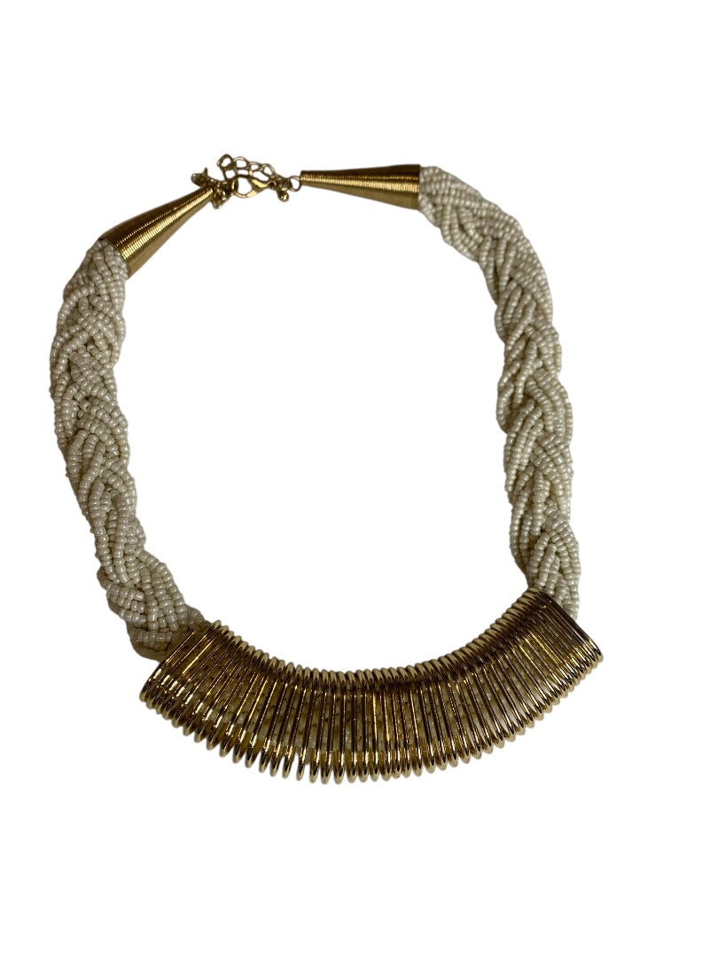 Vintage Goldtone White Seed Bead Statement Necklace 18-22 Inch