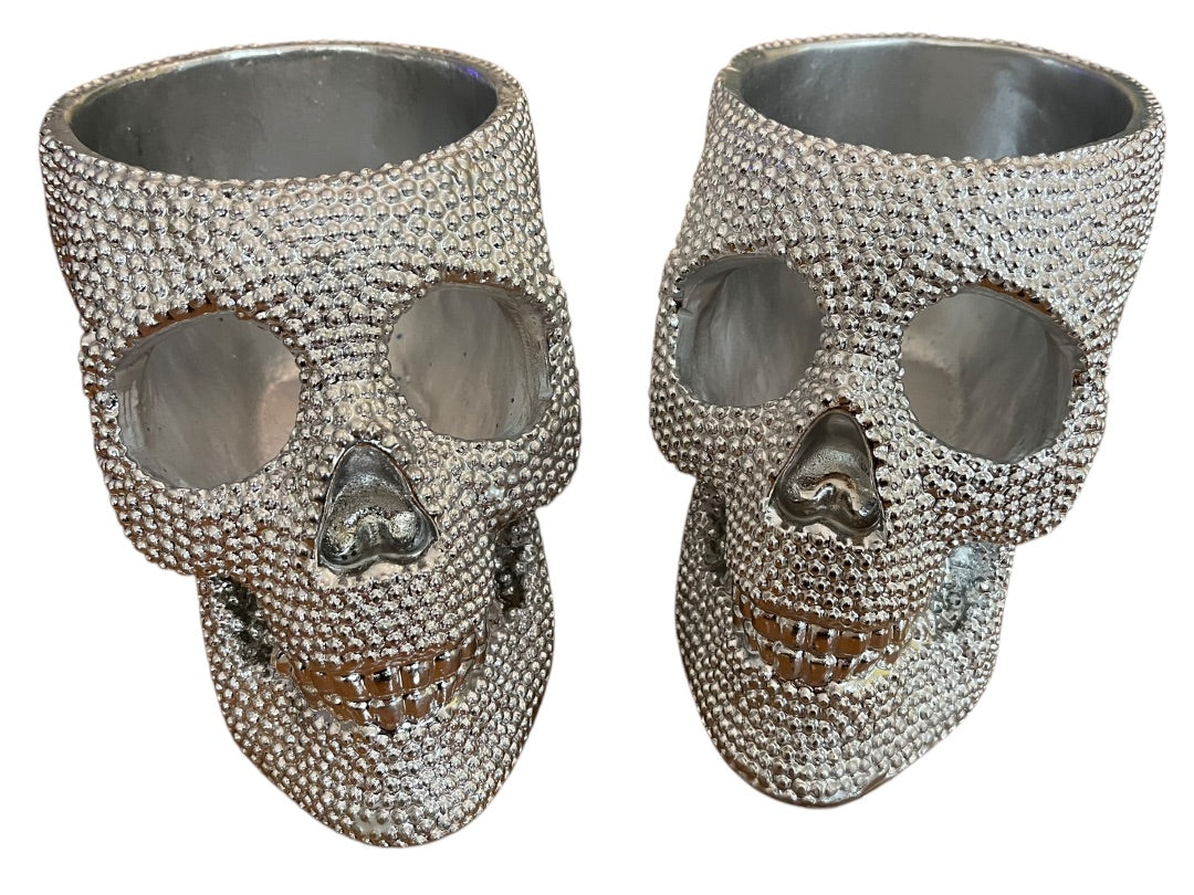 Set of 2 Silvertone Skull Textured Decor Bowl Dish Centerpiece 6 Inch