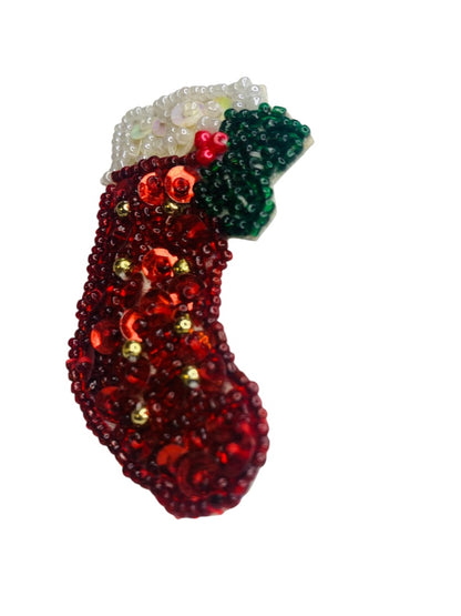 Vintage Holiday Christmas Pin Brooch Stocking Beads Sequins 2.4 Inch