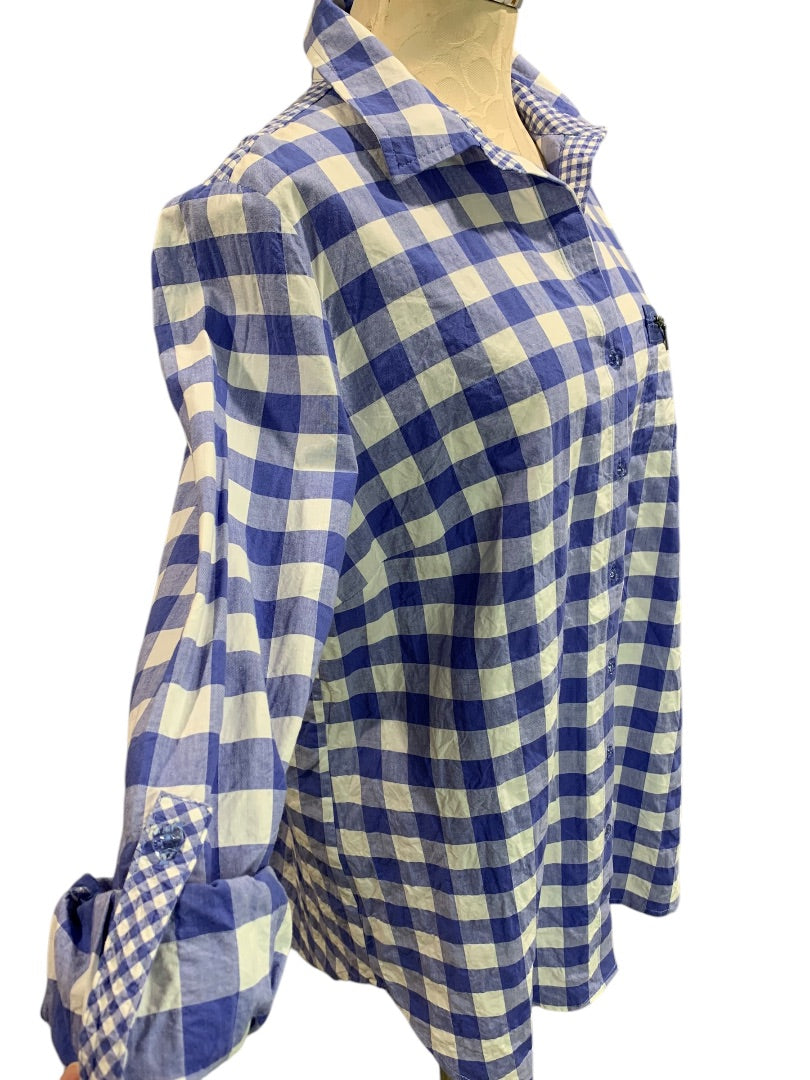 Large Multiples Womens Gingham Blouse Rolltab Sleeve Shirt