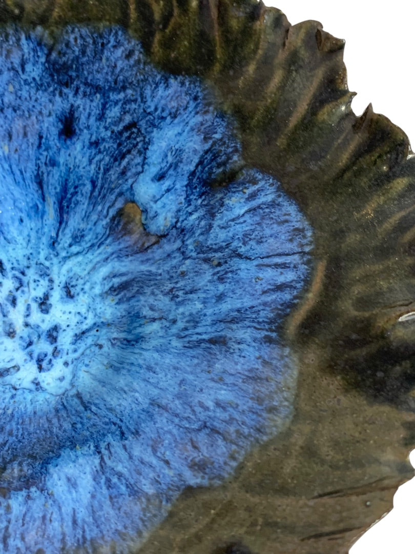 Art Pottery Signed Blue Black Bowl Textured Edge Vintage 7 Inch Diameter