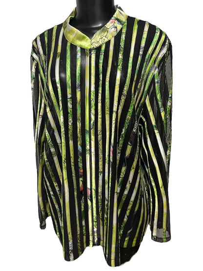 24W JS Collection Woman Striped Floral Sheer Longsleeve Zipper Shirt