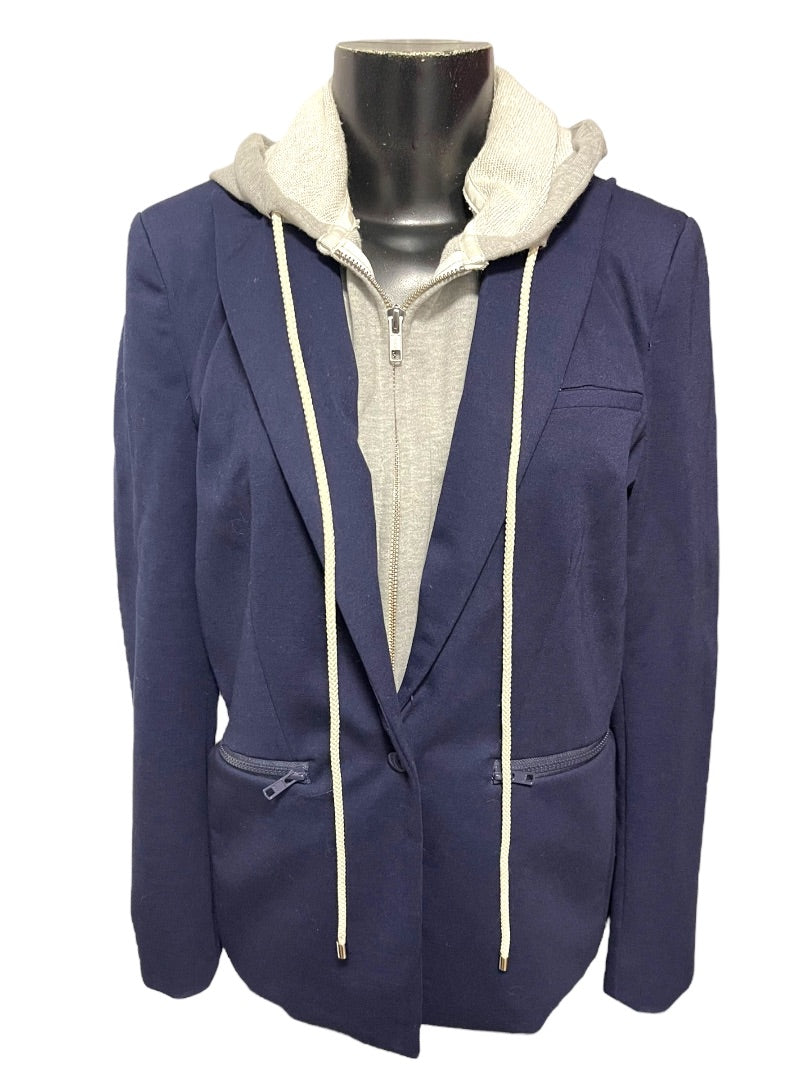 Small Central Park West Womens Detachable Hood Layer Jacket Blazer Navy