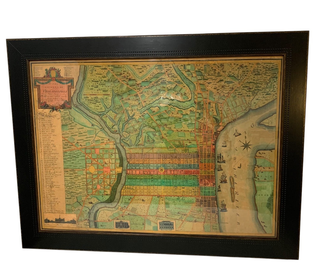 Reproduction 1802 Framed Map of Philadelphia Wooden Frame 34.5 x 26.5 Inches