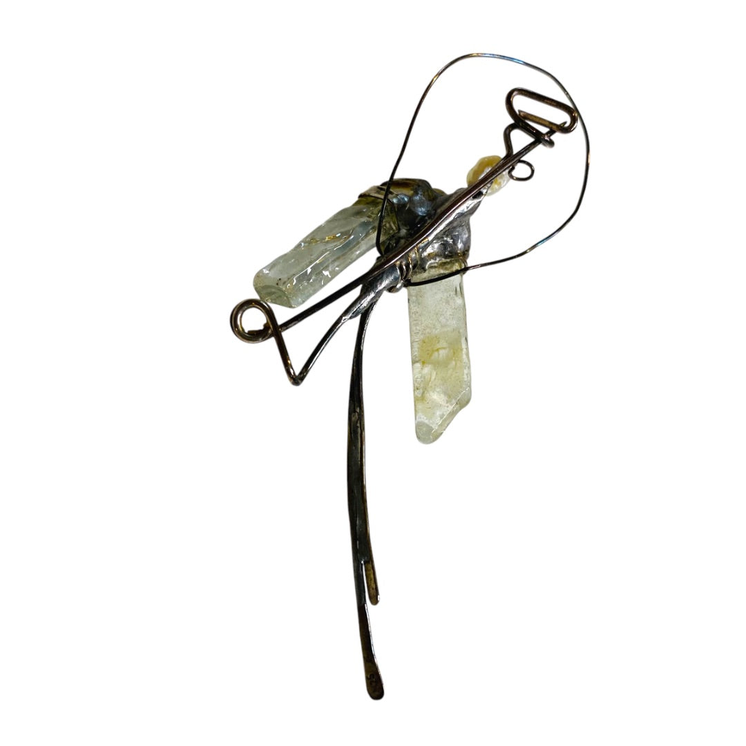 Quartz and Silvertone Handmade Artisan Brooch Pin Wire Wrap